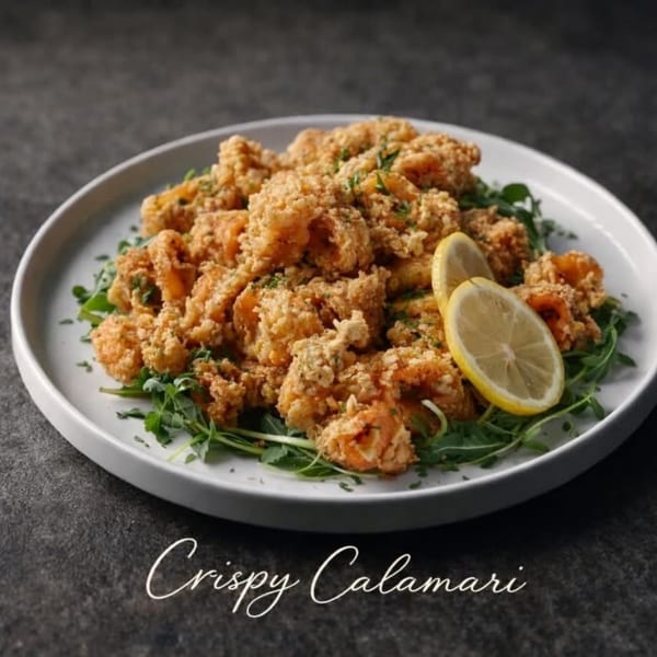 Crispy calamari with fresh arugula and lemon wedges on a white plate at Krave restaurant.