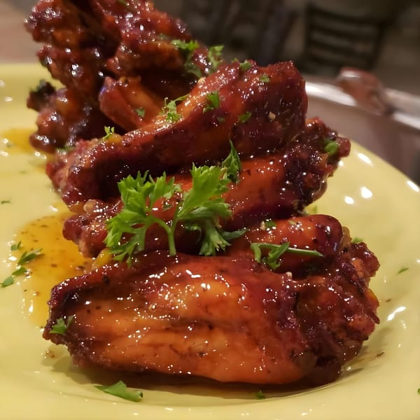 Krave's Jamaican jerk chicken wings, glazed with sauce and garnished with fresh parsley on a yellow plate.