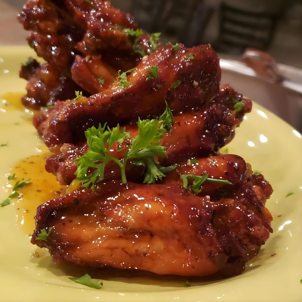 Krave's Jamaican jerk chicken wings, glazed with sauce and garnished with fresh parsley on a yellow plate.