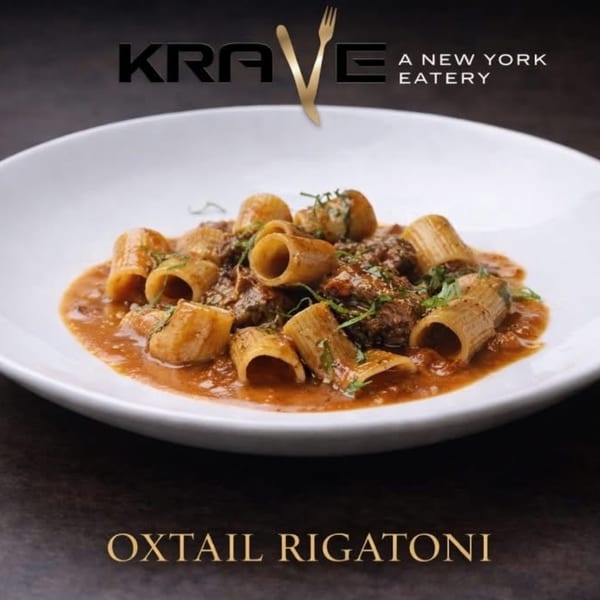 Oxtail rigatoni pasta dish from Krave, a New York Eatery, with a rich sauce.