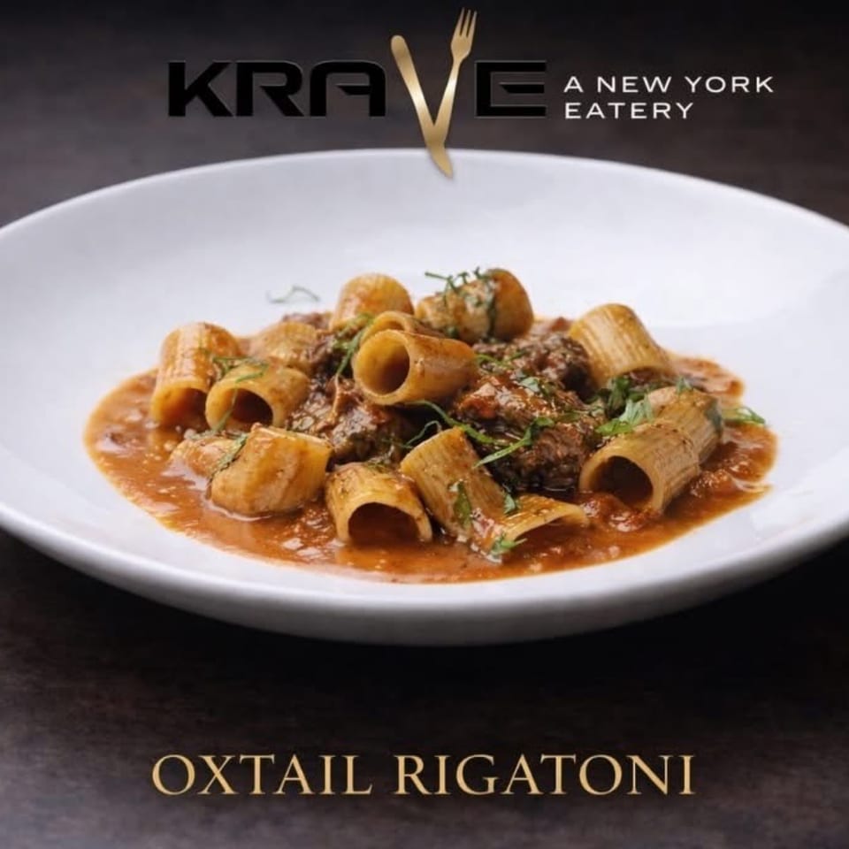 Oxtail rigatoni pasta dish from Krave, a New York Eatery, with a rich sauce.